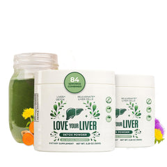 Love Your Liver detox cleanse powder bottle pouring for daily liver support.