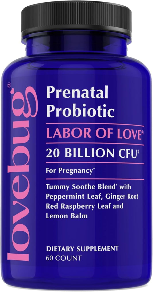 LOVEBUG Prenatal Probiotic bottle front view supports gut balance during pregnancy.