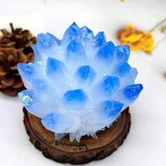 Loverain blue quartz cluster close-up reveals natural facets and sparkle.