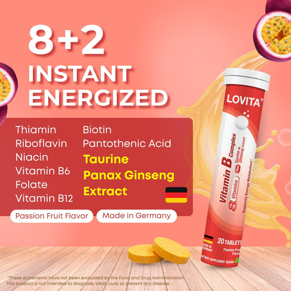 LOVITA B Complex tablets poured into a glass for easy daily use