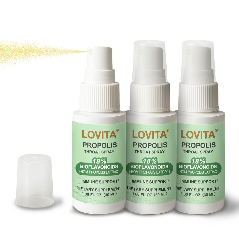 LOVITA Bee Propolis Throat Spray bottle for on-the-go immune support.