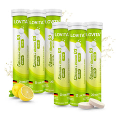LOVITA calcium D3 effervescent tablet dissolving in lemon water for daily support.