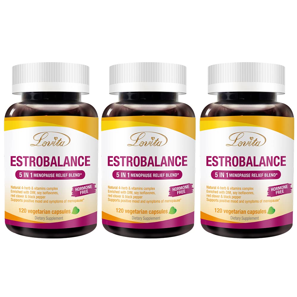 Lovita Estrobalance capsules bottle highlight menopause support and balance