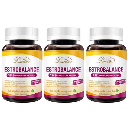 Lovita Estrobalance capsules bottle highlight menopause support and balance