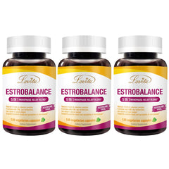Lovita Estrobalance capsules bottle highlight menopause support and balance