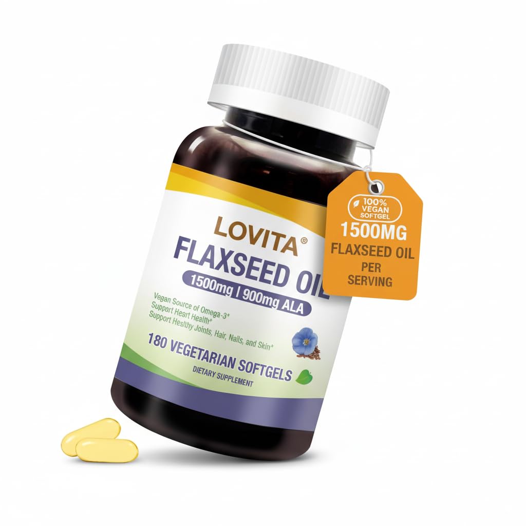 LOVITA flaxseed oil bottle shows high-potency omega-3 for daily use.