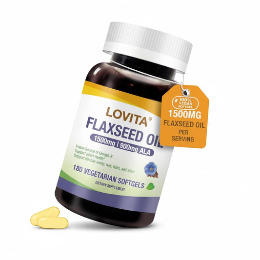 LOVITA flaxseed oil bottle shows high-potency omega-3 for daily use.