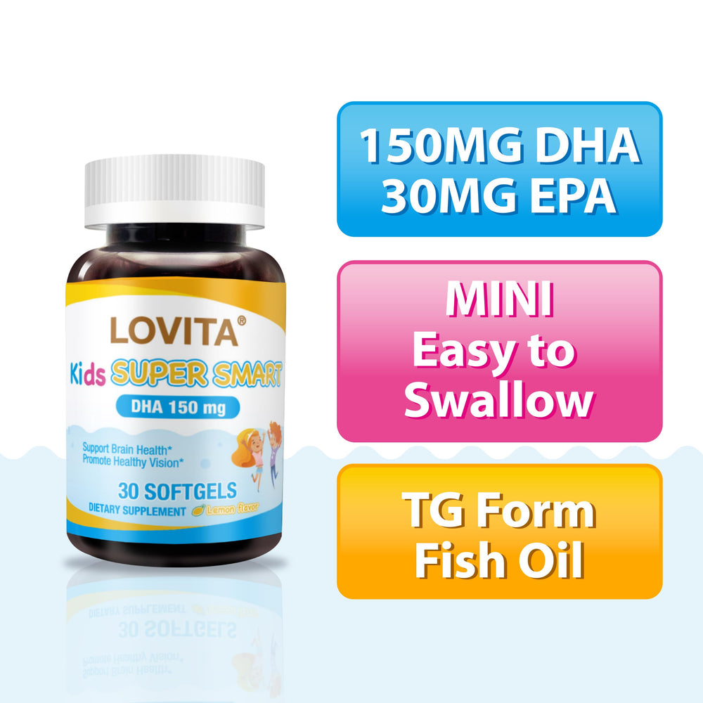 Close-up of Lovita Kids Omega-3 mini softgels designed for children.
