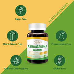 Info graphic of Lovita KSM-66 Ashwagandha pack with three gluten free bottles.
