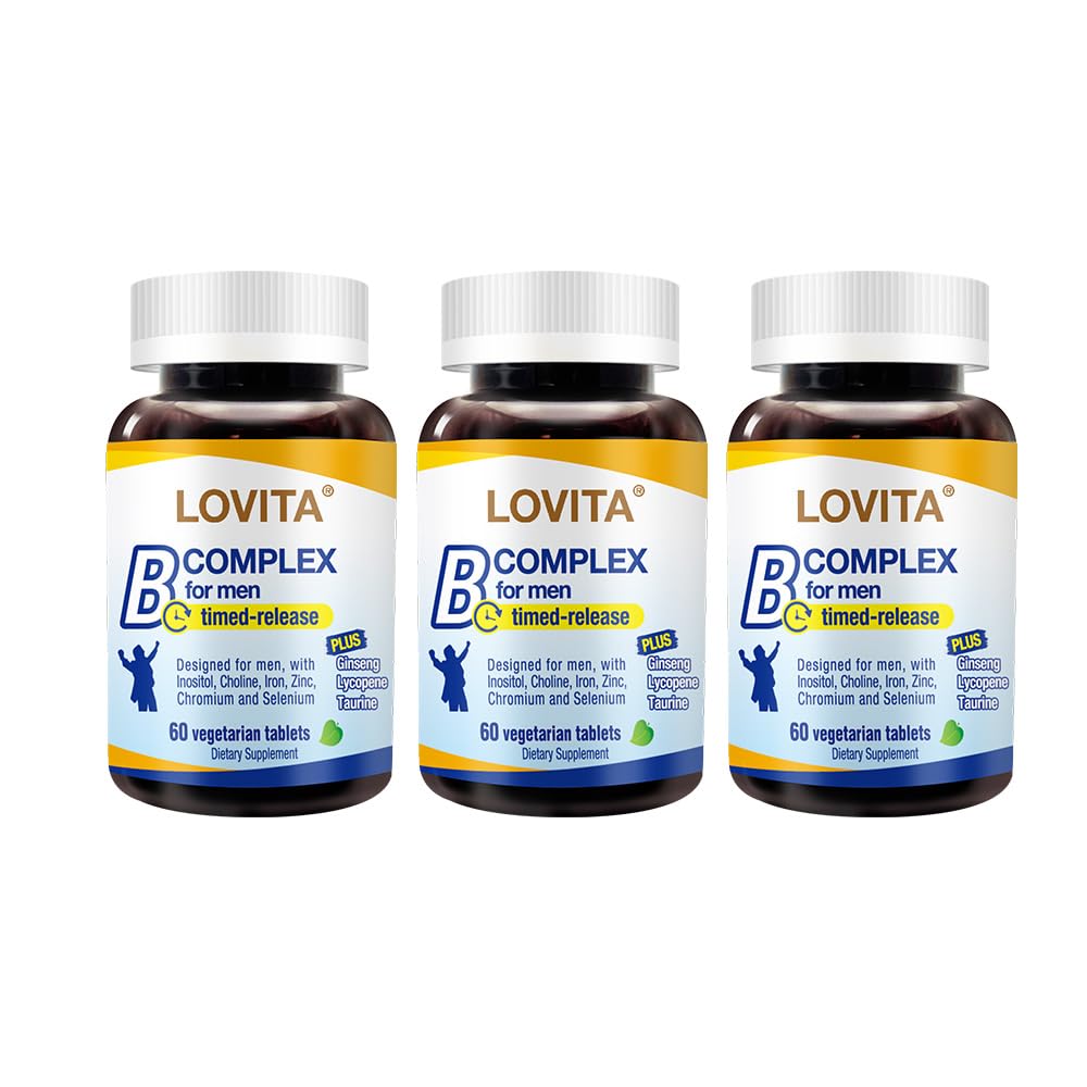 Lovita Men's 8-Hour B Complex bottle on a desk showing time-release nutrition for sustained energy