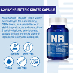LOVITA NAD+ enteric-coated capsules ensuring delivery to the intestines for absorption.