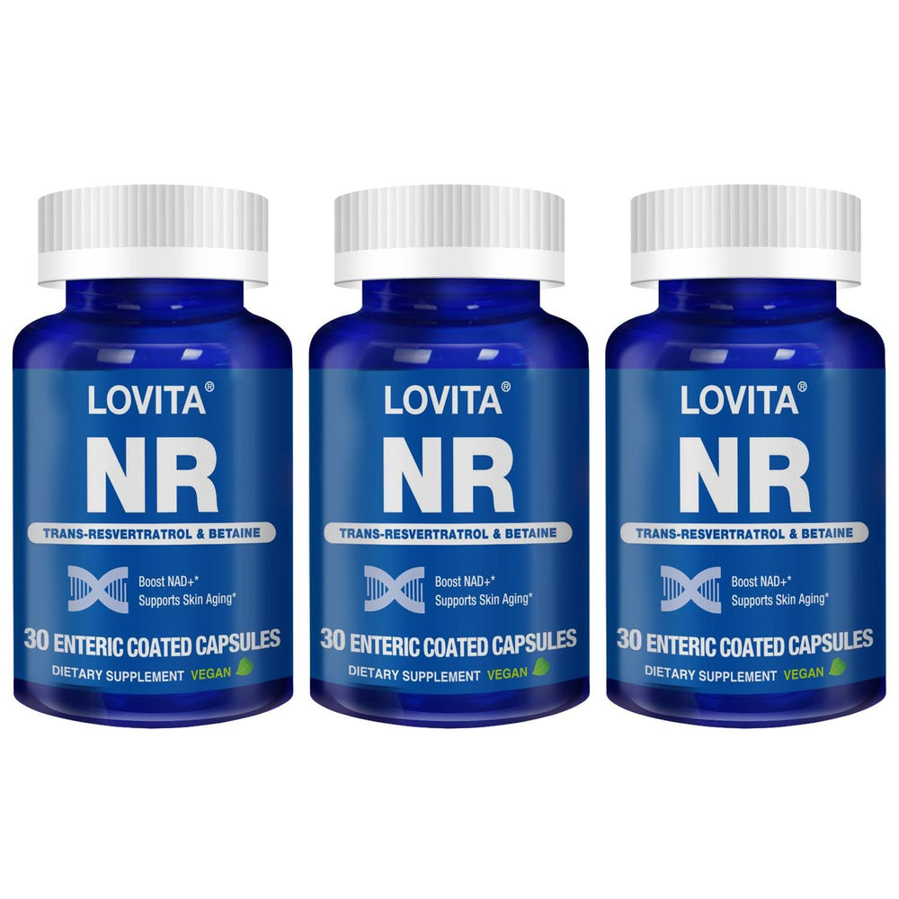 Lovita NR 350 mg bottle showcasing potent NAD+ support in a premium supplement.