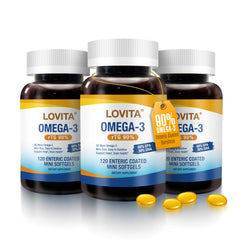LOVITA Omega-3 bottle showing compact heart friendly softgels