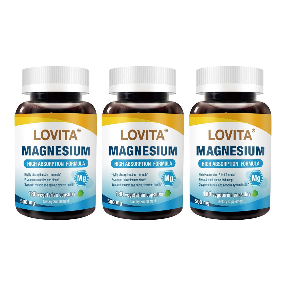 Lovita Triple Magnesium Complex 500mg bottle shows high-potency magnesium for daily wellness