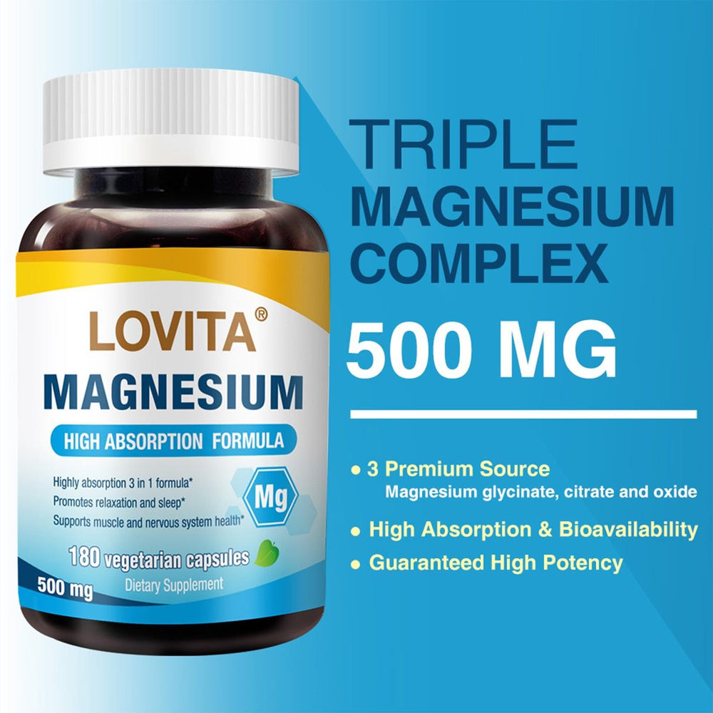 Lovita magnesium blend close-up highlights citrate, glycinate, and oxide for absorption