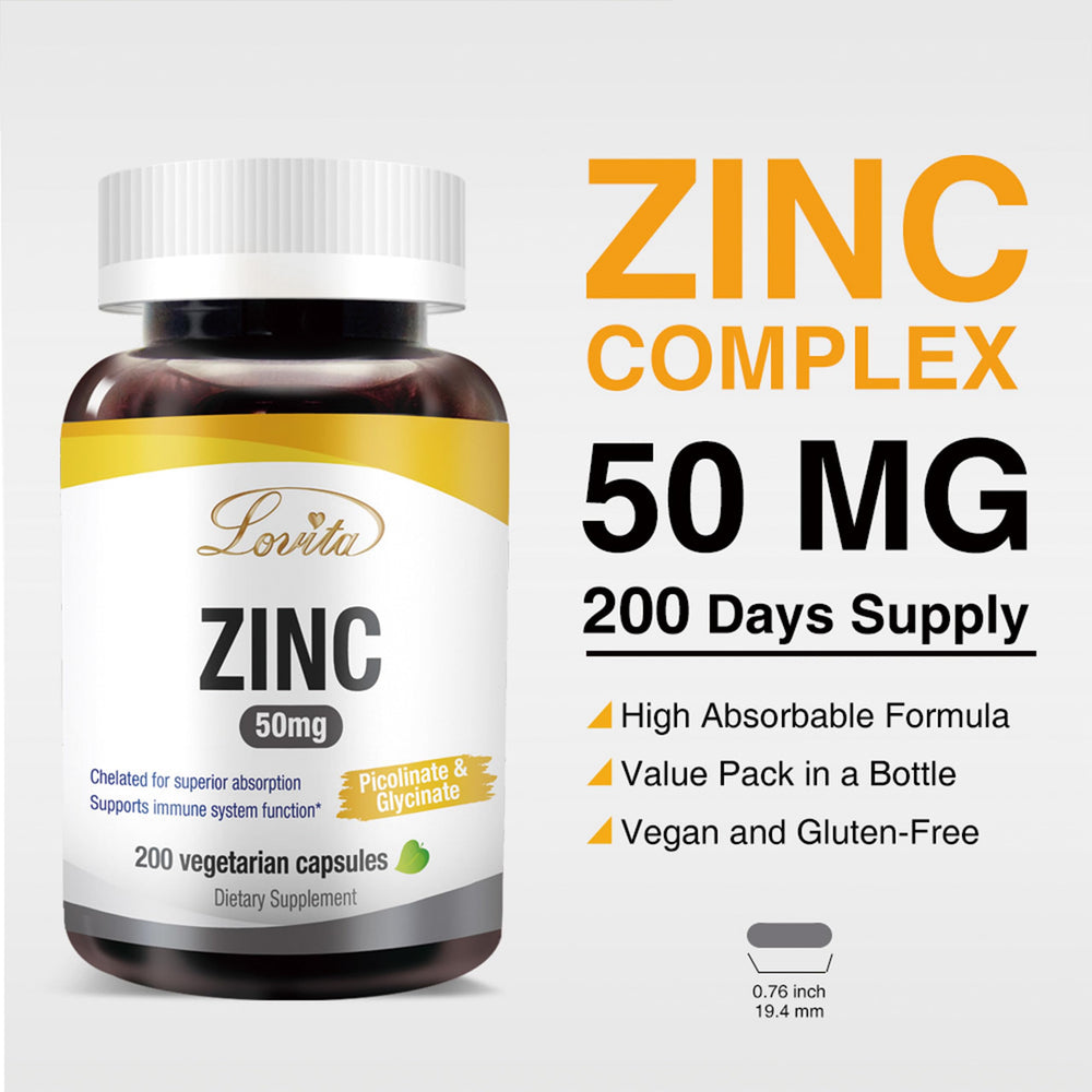 Close-up of Lovita Zinc 50mg capsules highlighting chelated zinc