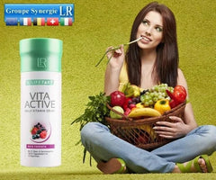 LR Health & Beauty Lifetakt Vita Active fruits collage emphasizes pomegranate and grape benefits.