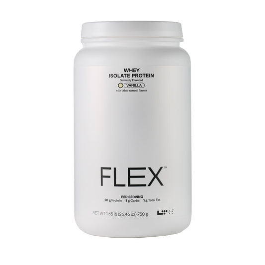 LTH Flex Whey Isolate Vanilla tub front, lactose-free protein option