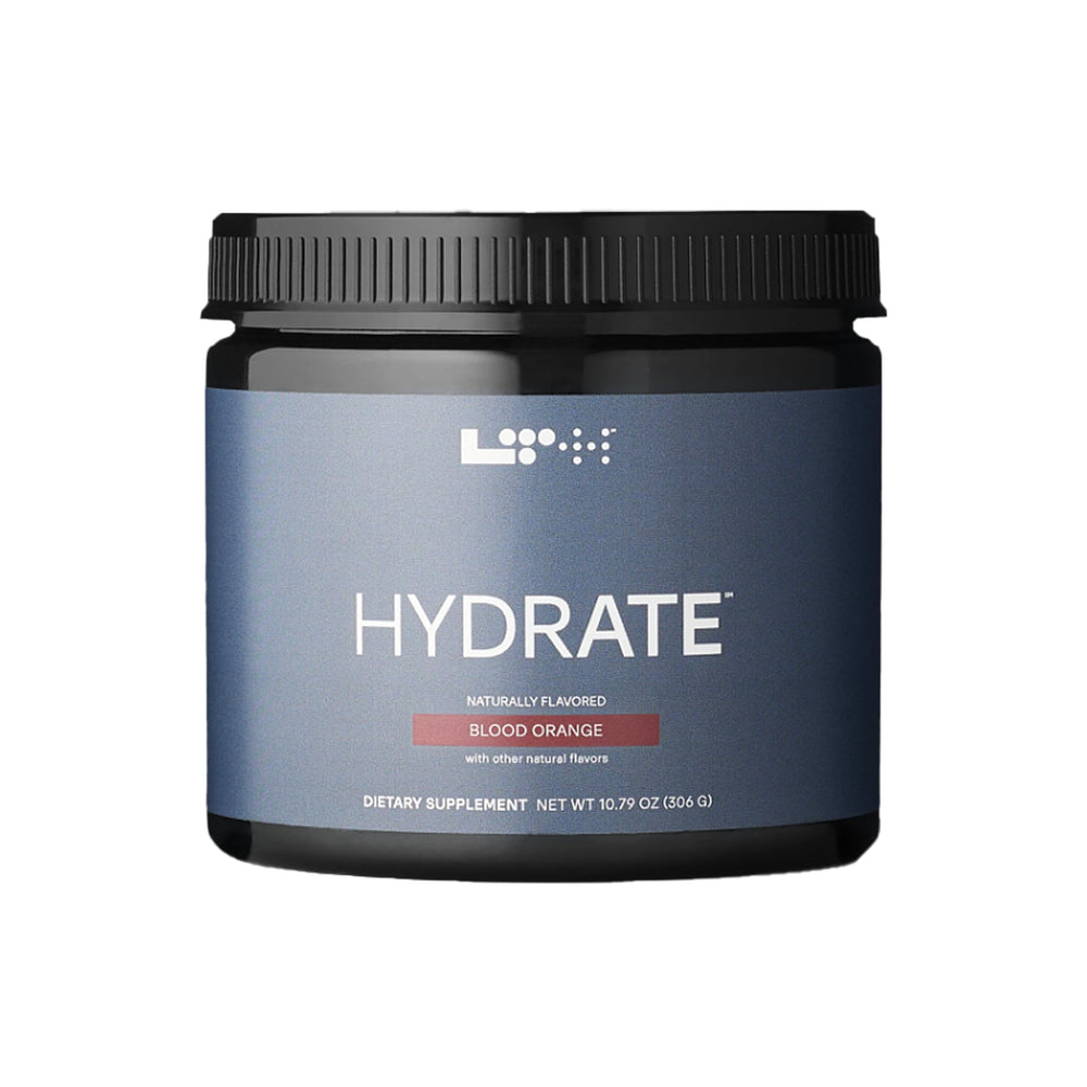 LTH Hydrate bottle-front showing premium electrolyte powder for on-the-go hydration
