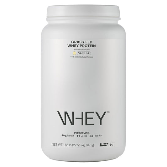 LTH Whey Protein vanilla bag highlighting grass-fed formula for lean muscle support.