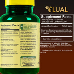 Close-up of LUAL cinnamon supplement label showing cassia cinnamon