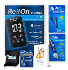 LUAL Premier BLU glucose monitor kit display showing clear results quickly