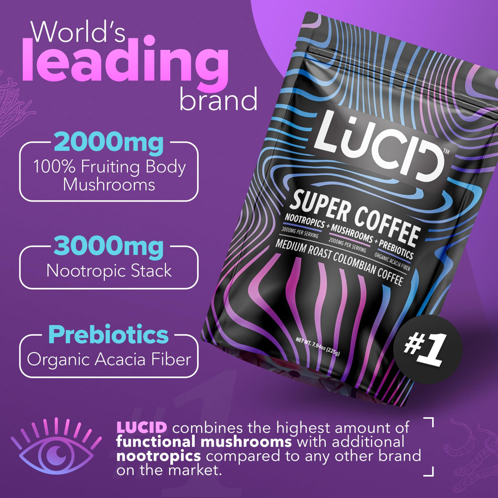 Lucid mushroom coffee canister ready for quick on the go preparation.