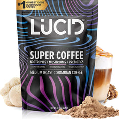 Lucid Superfood Mushroom Coffee packaging showcases a premium USA made blend.
