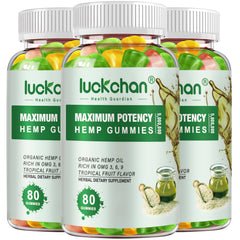 Luckchan hemp gummies bottle display promoting easy daily use