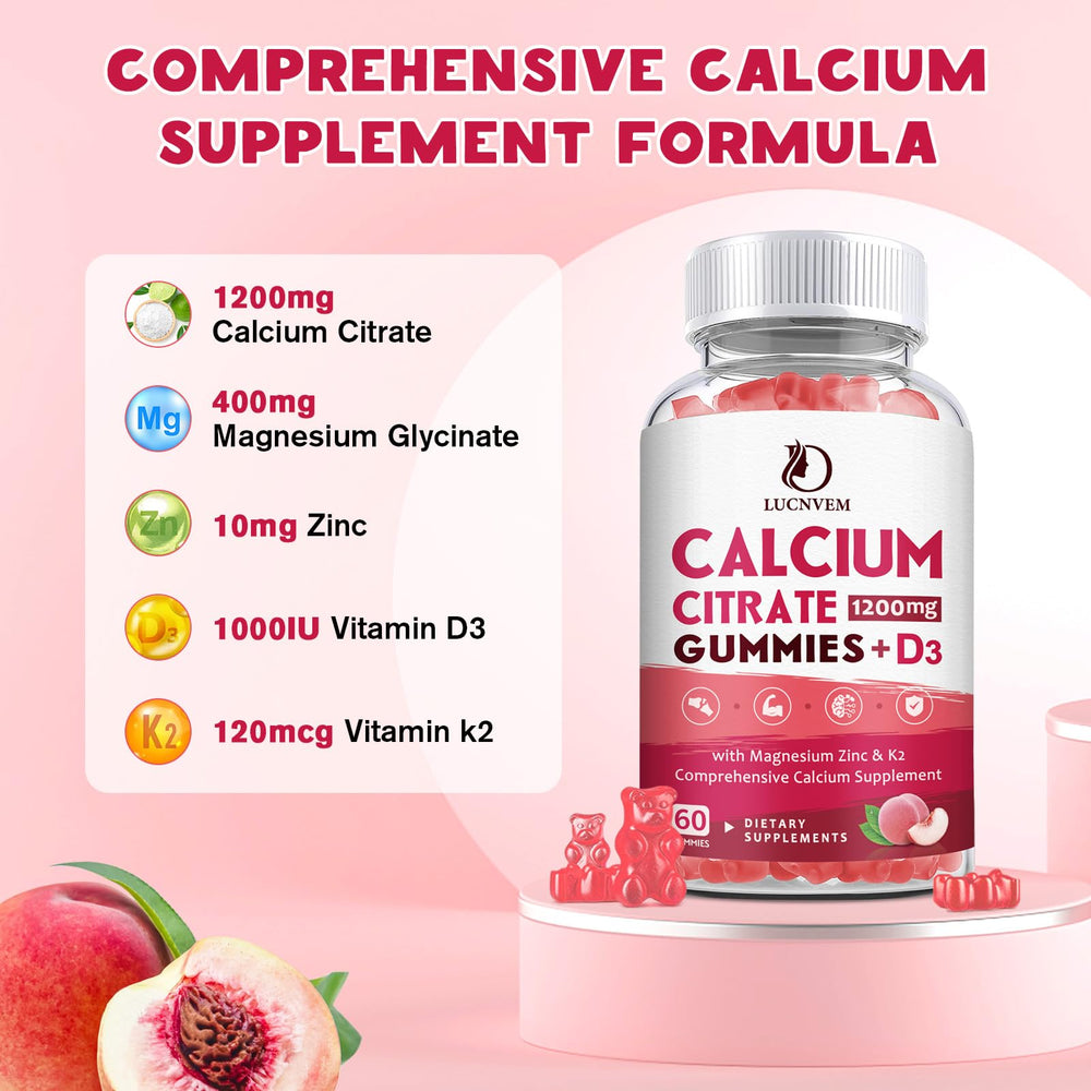 LUCNVEM calcium citrate 1200mg peach gummies ingredients label emphasizes vitamin D3 K2 and magnesium.