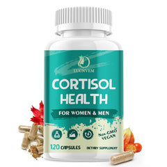 LUCNVEM Cortisol Supplement bottle front view shows vegan formula for daily stress support.