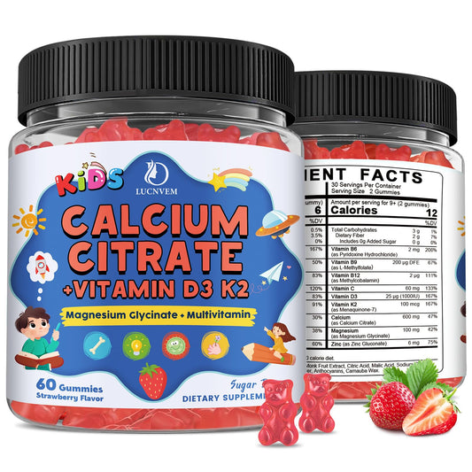 LUCNVEM Kids Calcium Citrate Gummies bottle shows strawberry flavor for growing bones