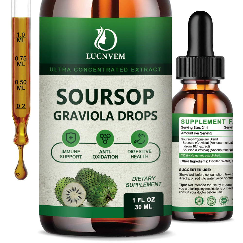 LucNVEM Soursop Graviola Bitters bottle front, antioxidant-rich supplement for daily wellness.