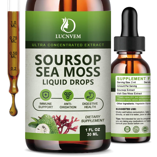 LUCNVEM Soursop Sea Moss drops bottle highlights antioxidant-rich daily use.