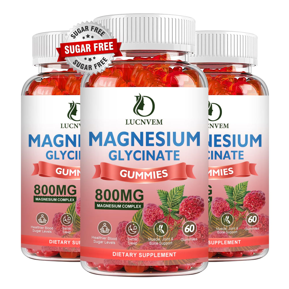 LUCNVEM sugar-free magnesium gummies bottle closeup highlighting convenient chewable wellness.