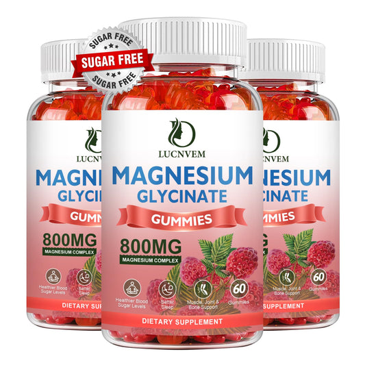LUCNVEM sugar-free magnesium gummies bottle closeup highlighting convenient chewable wellness.