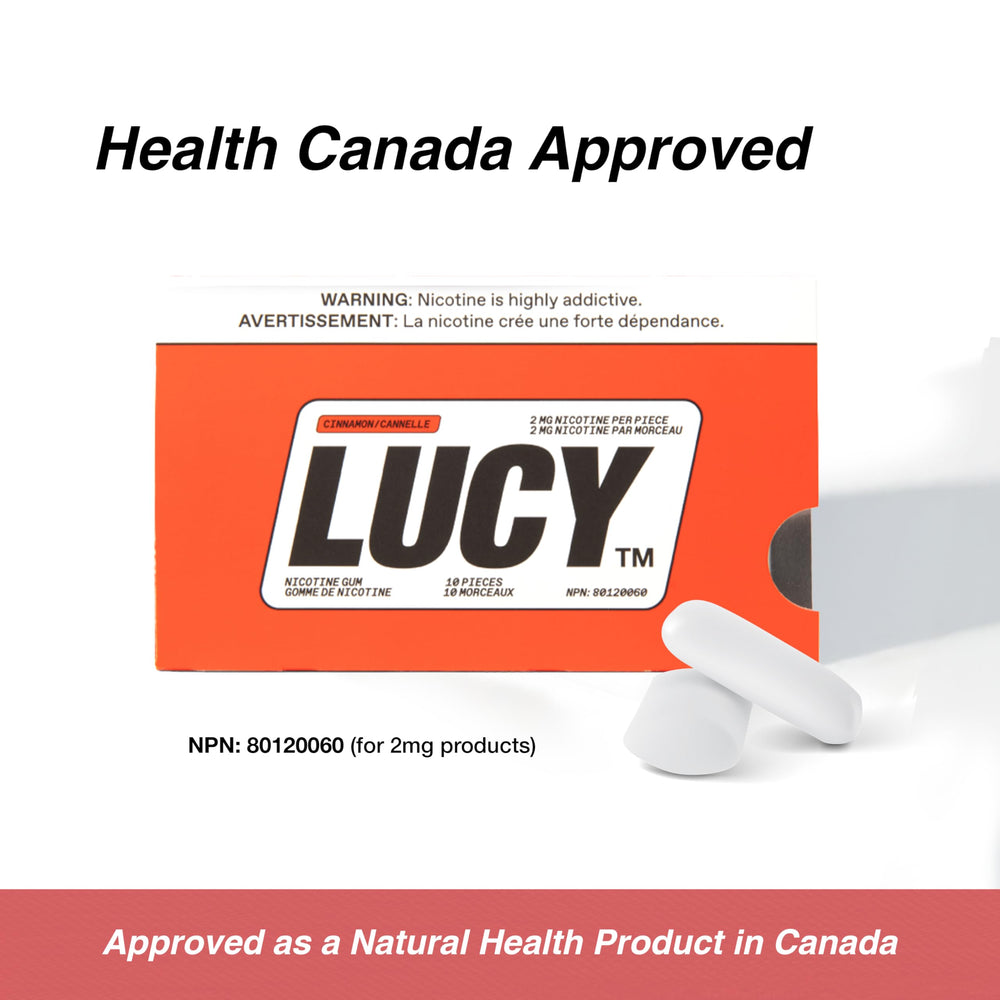Lucy Nicotine Gum 2mg Cinnamon rolled foil wrapper protects freshness.