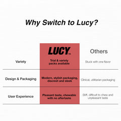 Lucy Nicotine Gum 4mg 90-count box front emphasizes long-lasting support.