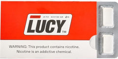 Lucy Nicotine Gum 4mg Cinnamon pack front view, 100-count carton.