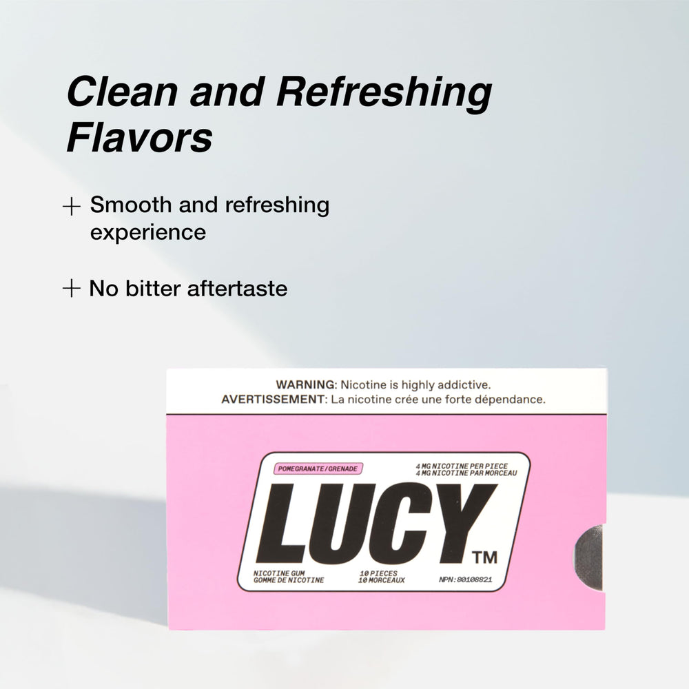 LUCY Nicotine Gum 4mg pomegranate box front view.