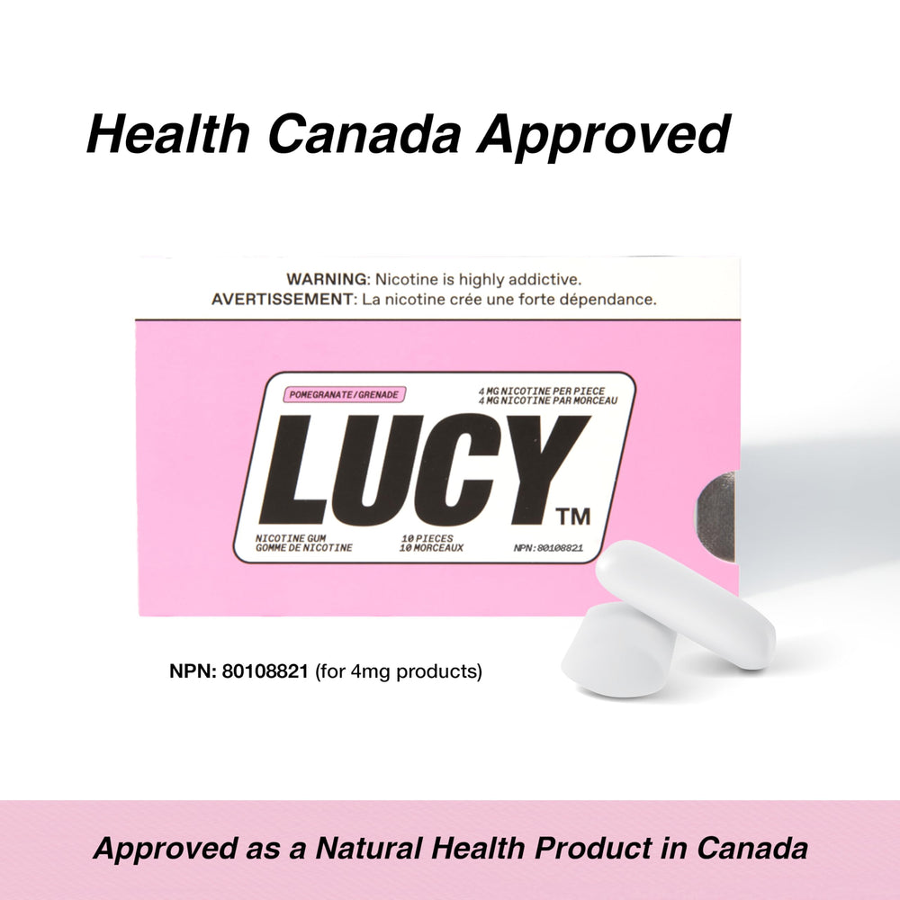 LUCY Nicotine Gum 4mg pomegranate pieces collection on surface.