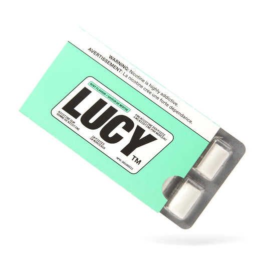 Lucy Nicotine Gum packaging on display for mint flavor craving support