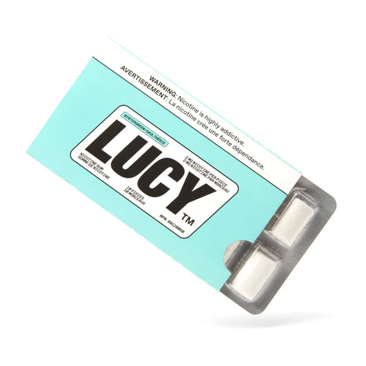 LUCY Nicotine Gum Wintergreen 2mg 100-count box shown for craving relief on the go