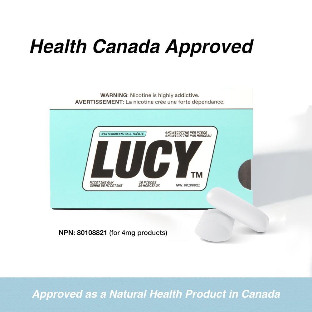 Lucy nicotine gum Wintergreen branding on box for quick recognition
