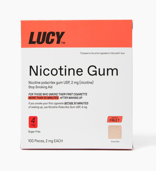 Lucy NRT 4mg fruit-flavor gum box front for quit support.