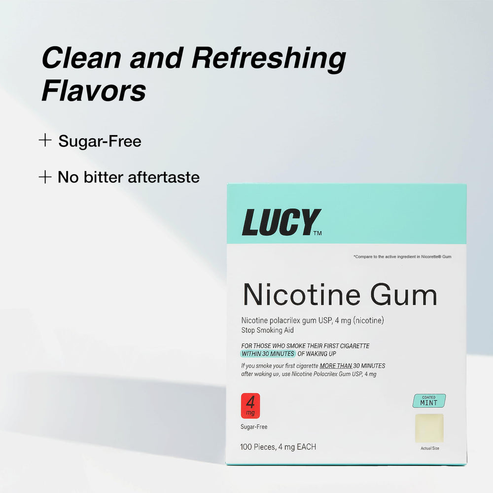 LUCY NRT Mint Gum coated pieces in hand for quick craving relief.