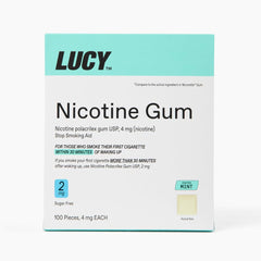 Lucy NRT nicotine gum mint 100-count pack front view for cravings management.