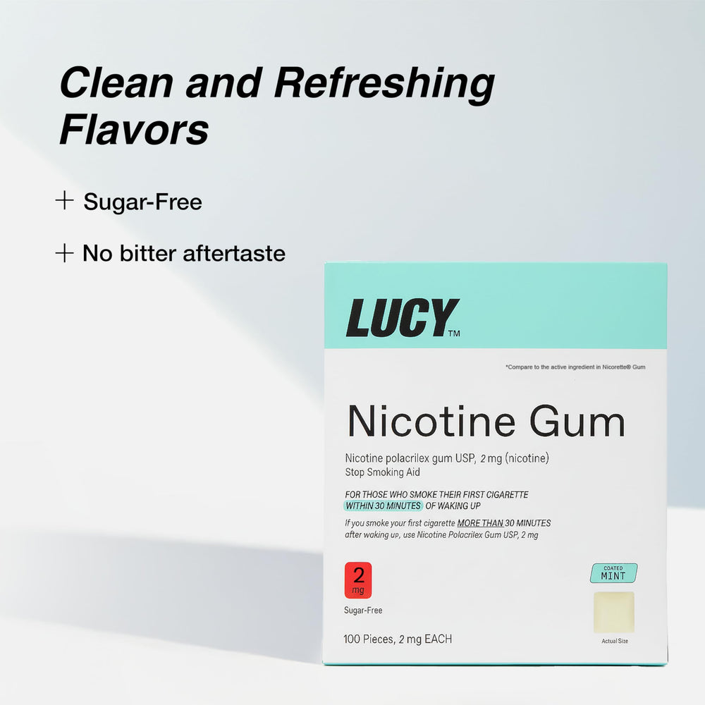 Lucy NRT nicotine gum mint pack side view highlights compact, on-the-go quit aid.