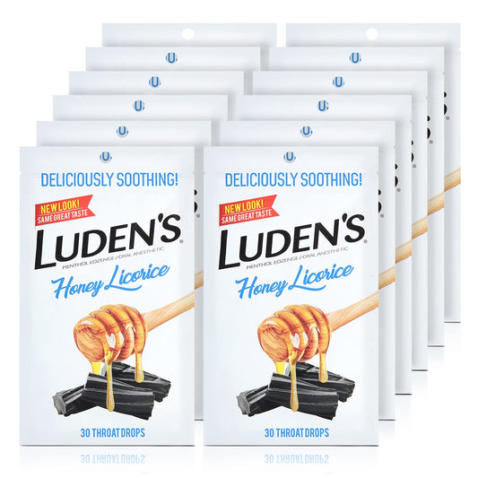 Luden's Throat Drops Honey Licorice 30-count display showcases soothing flavor for irritated throats.