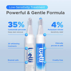 Luelli enamel-safe 35% carbamide peroxide for deep stain removal potential.